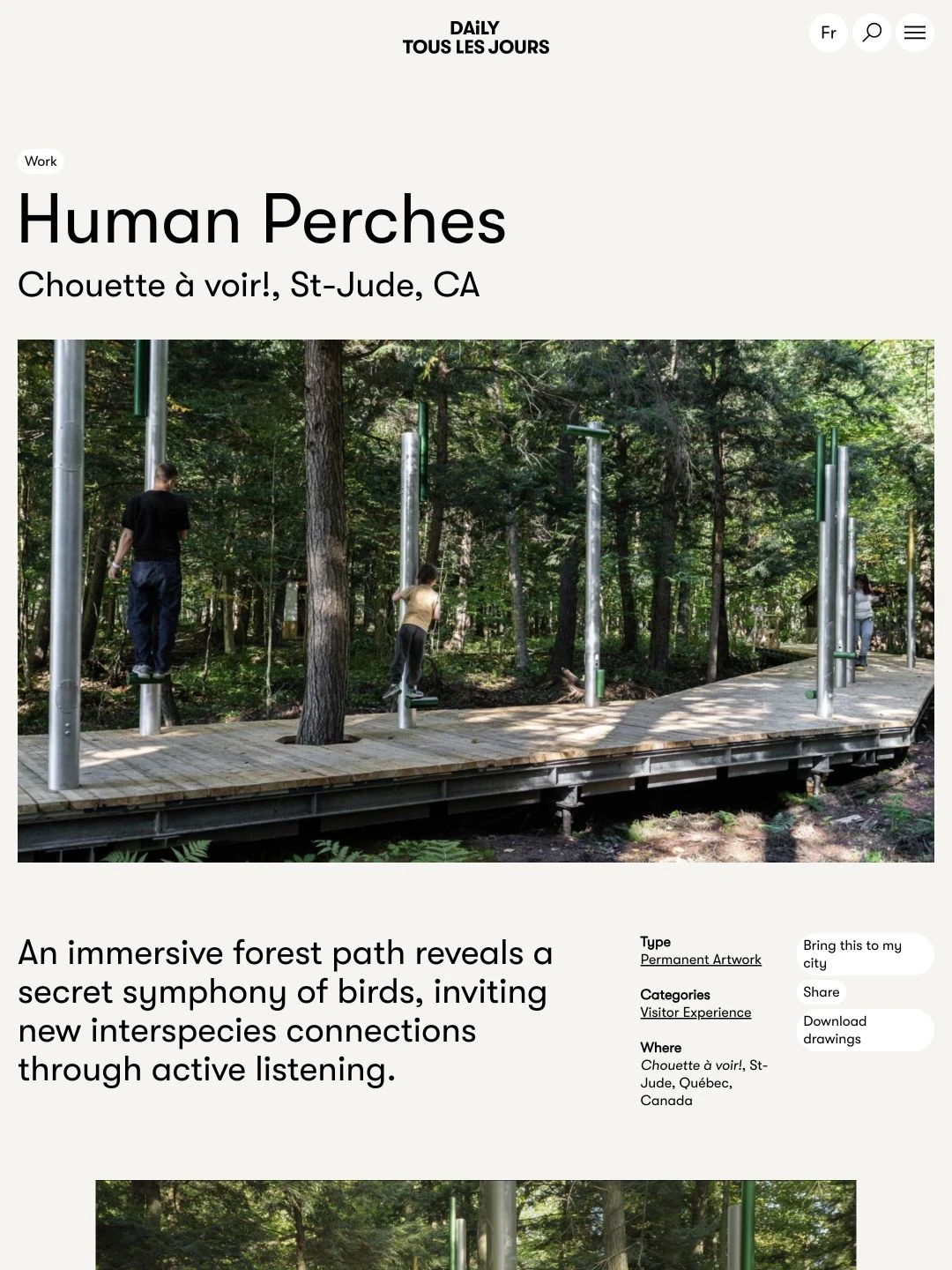 Daily tous les jours page identity, Human Perches title, complete project photograph, opening description and location