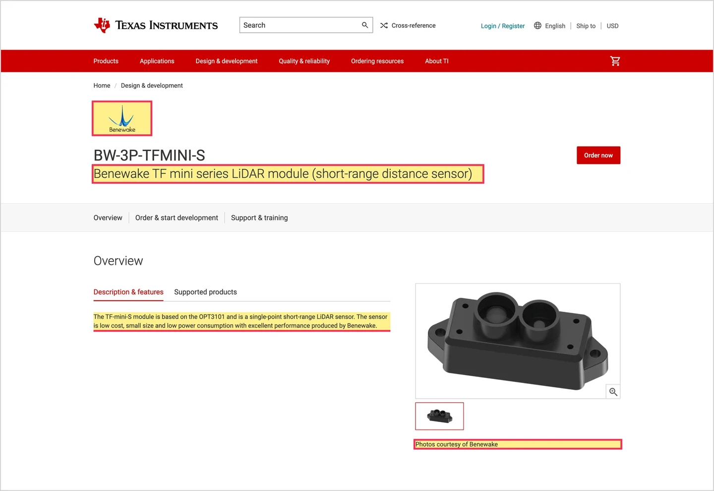 Full-page screenshot · Texas Instruments identity and product listing