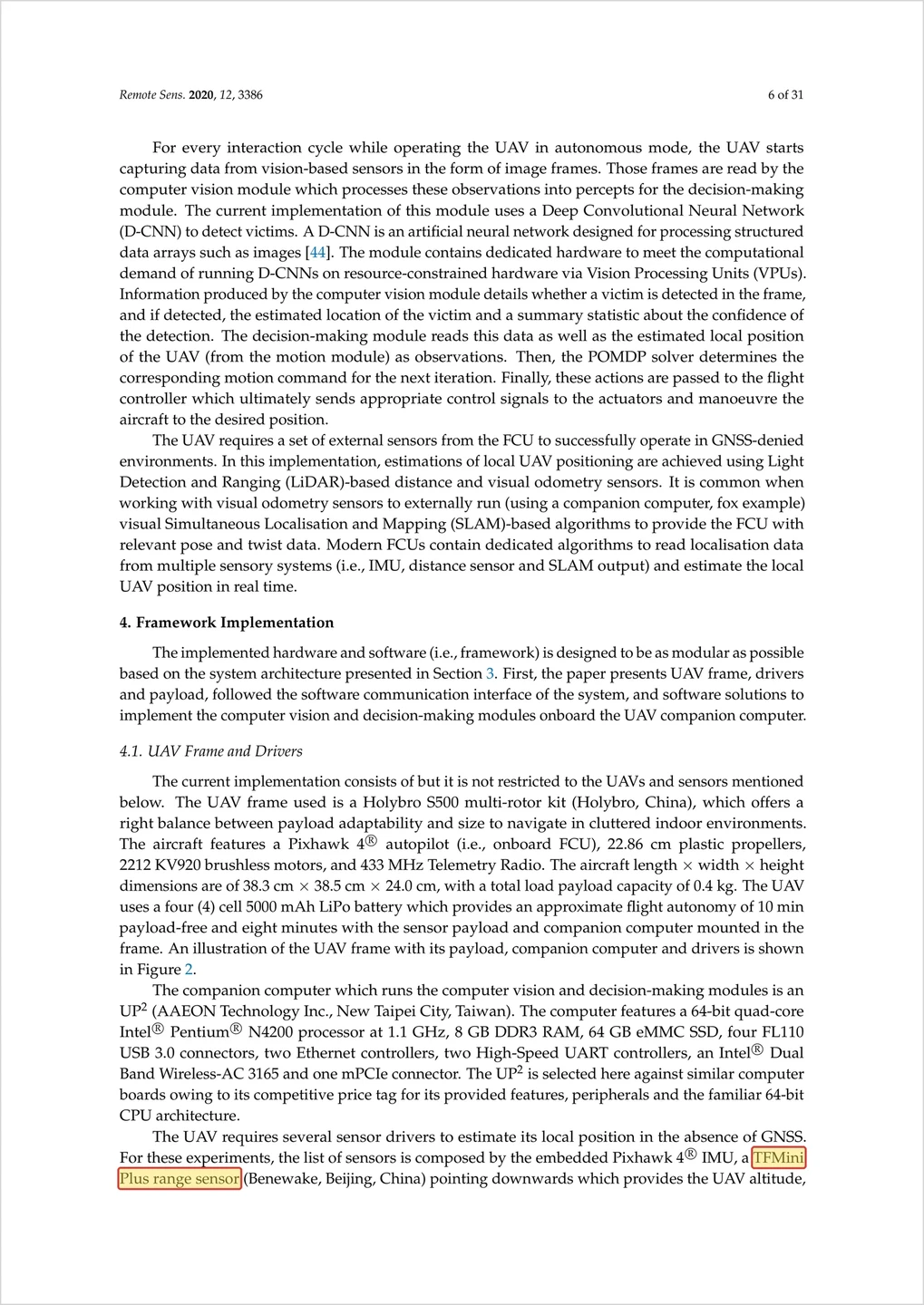 Complete paper page showing the highlighted downward-facing TFMini Plus altitude sensor passage