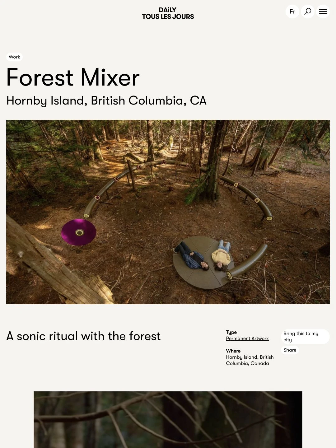 Daily tous les jours page identity, Forest Mixer title, complete project photograph and location