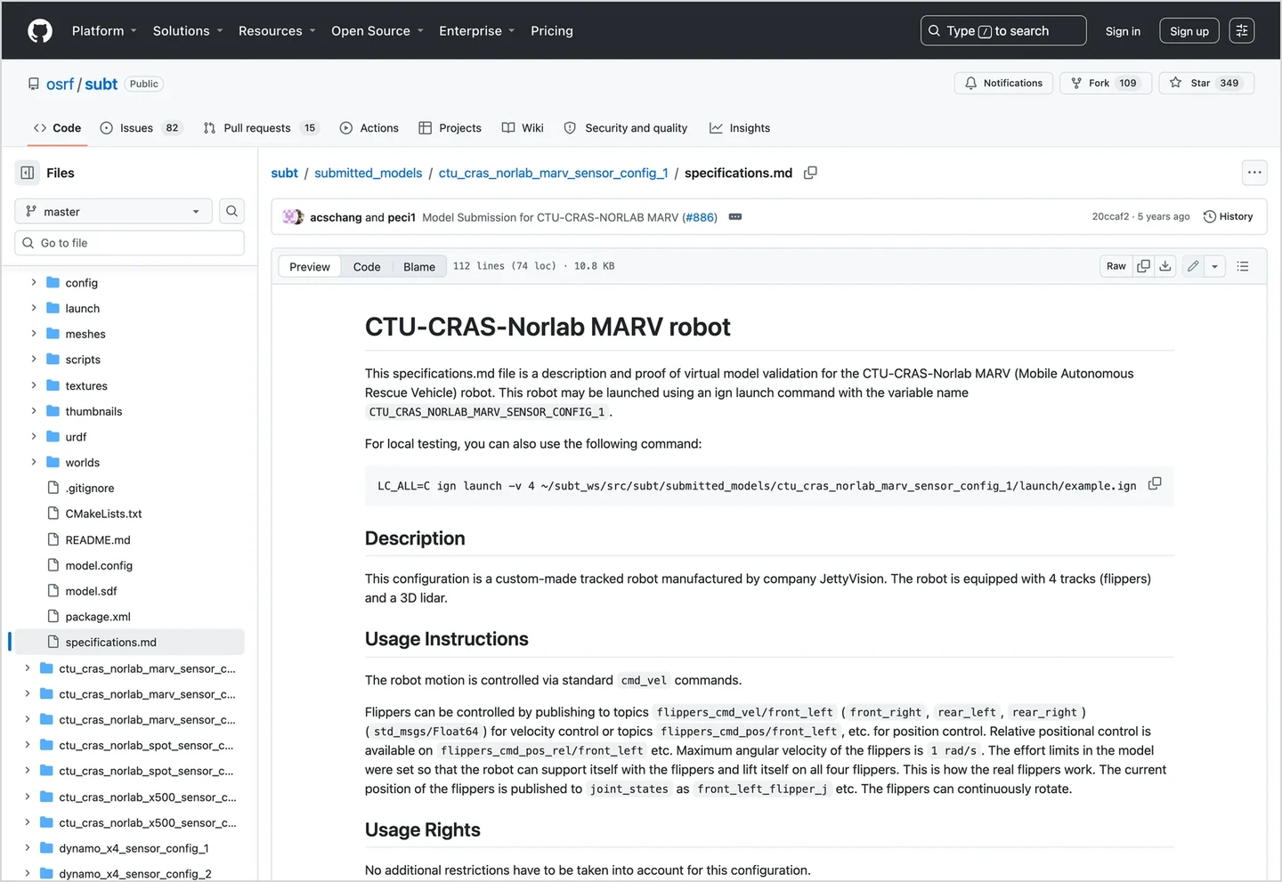 GitHub osrf/subt 仓库截图，显示 CTU-CRAS-Norlab MARV 规格文件与平台标识