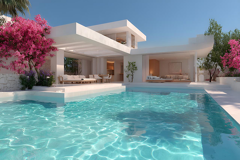 Outdoor residential swimming pool in bright sunlight beside a white house