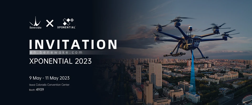 Benewake XPONENTIAL 2023 invitation with a drone above a city and booth 4939 details
