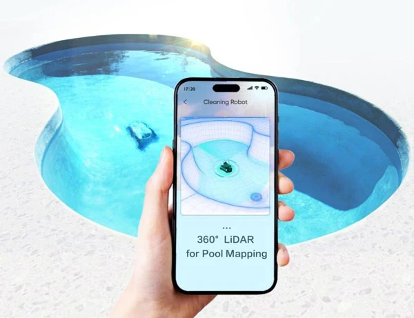 A phone screen displaying a 360° LiDAR interface for pool mapping