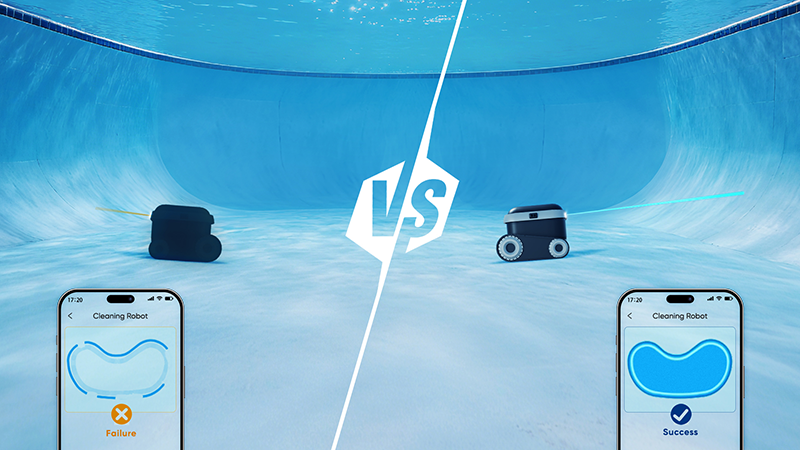 Comparison of unsuccessful and successful pool mapping, with the corresponding robot routes shown on phone screens