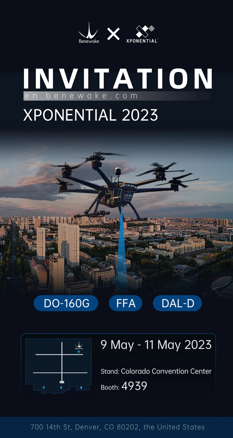 Benewake XPONENTIAL 2023 invitation: 9-11 May 2023 at the Colorado Convention Center in Denver, booth 4939, with a drone above a city