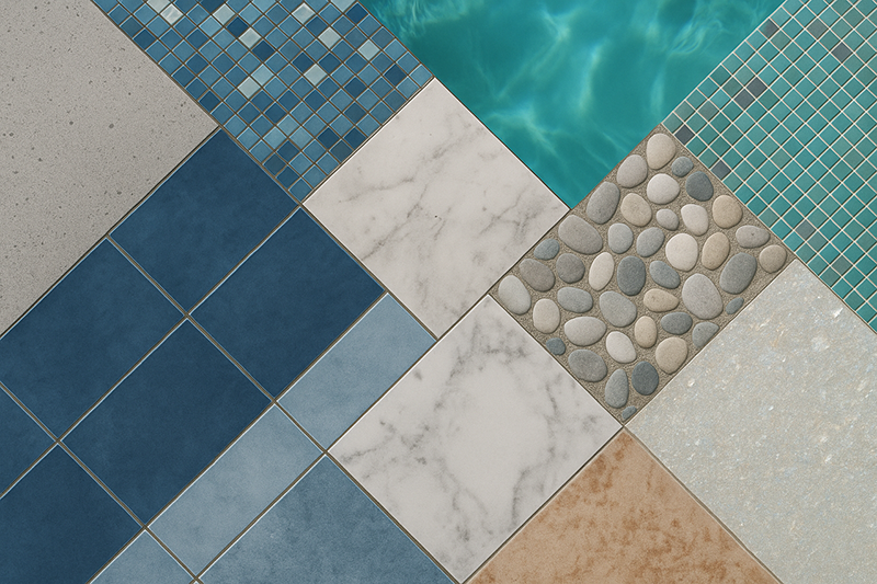 Pool surface samples including blue tiles, marble, pebbles and stone finishes