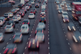 Traffic on a busy multilane highway viewed from above
